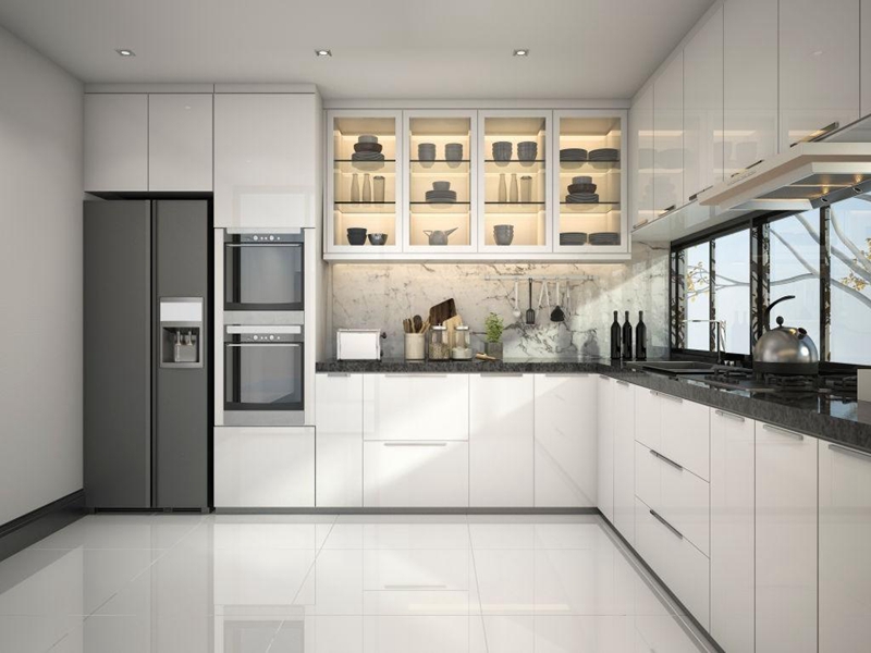YALIG ดีไซน์ใหม่เรียบง่ายแผงประตูอะคริลิคสีขาวมันวาวตู้ครัวไม้เนื้อแข็ง