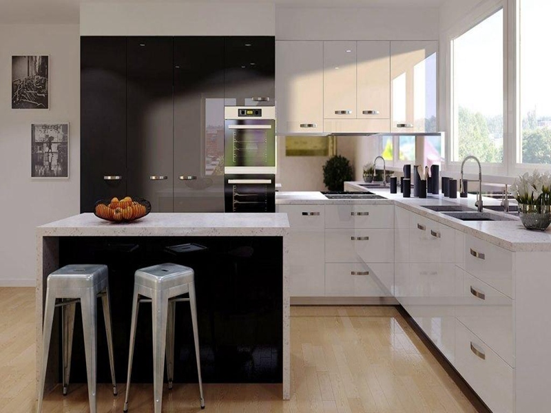 ตู้ครัวทูโทนสไตล์โมเดิร์นตู้ครัวสีดำและสีขาวเคลือบอะครีลิคเคลือบเงา