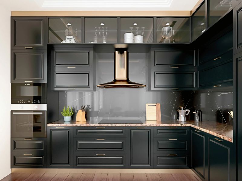 ตู้ครัวไม้เนื้อแข็งเคลือบเงาสีดำสไตล์คลาสสิกเชคเกอร์พร้อมประตูกรอบอลูมิเนียมสีดำ
