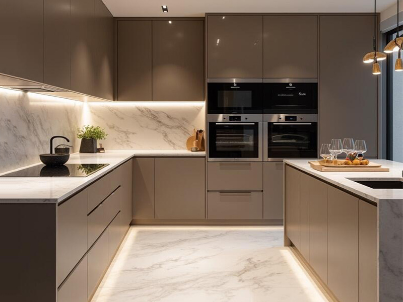 ตู้ครัวดีไซน์ทันสมัยมันวาวกันน้ำคุณภาพสูงที่ปรับแต่งได้